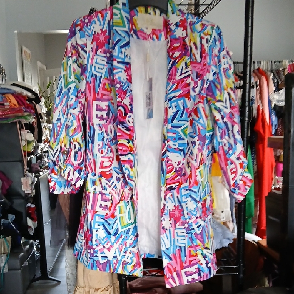 Multicolor Graffiti Print Open Blazer - Women's Statement Jacket